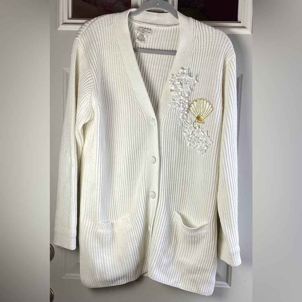 Yarnworks Elegant Ivory Cardigan Sweater Size Large embellishment